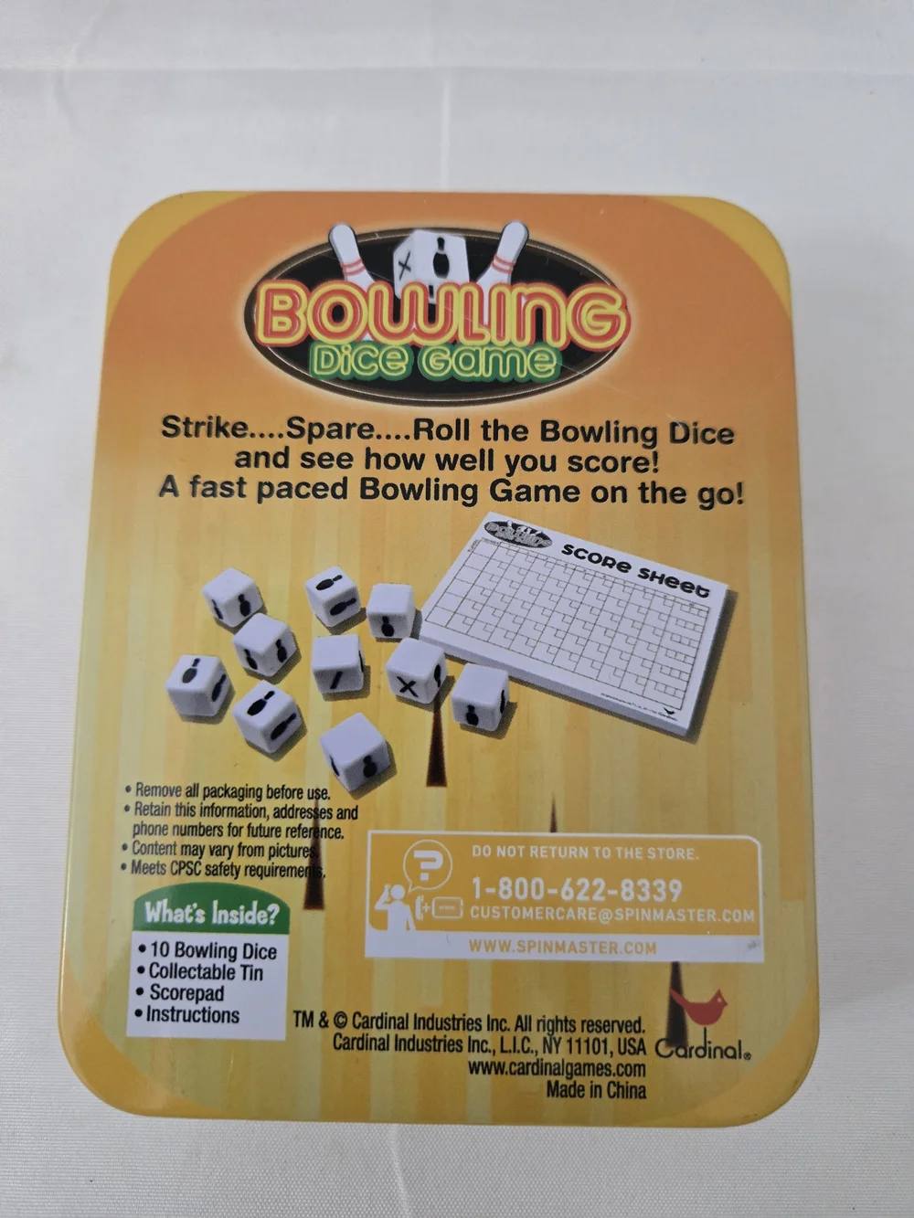 Cardinal Bowling Dice Game - Yellow Tin